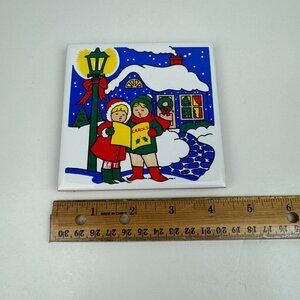 Vintage Carolers Christmas‎ Holiday Ceramic Tile Trivet Colorful Square Glazed